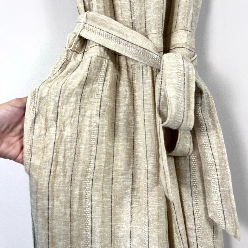 DREW x Anthropologie Striped Khaki Linen Blend Cropped Jumpsuit XS